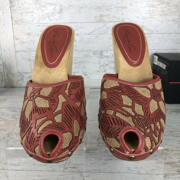 Kenneth Cole Womens Wooden Peep Toe Heels Platform Size 8 "Rare" Red/Burgandy‎ - Picture 3 of 12